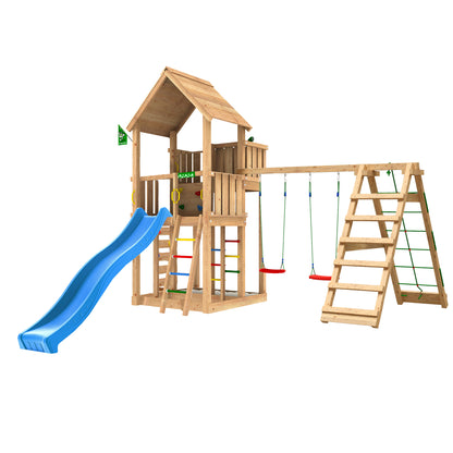 Leikkitorni Jungle Gym Palace 2.1, 2-Climb Module 220, sininen liukumäki ja 120 kg hiekkaa