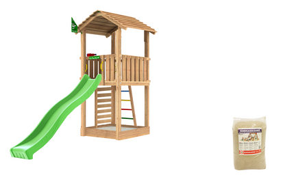Leikkitorni Jungle Gym Cottage 2.1, vihreä liukumäki ja 120 kg hiekkaa