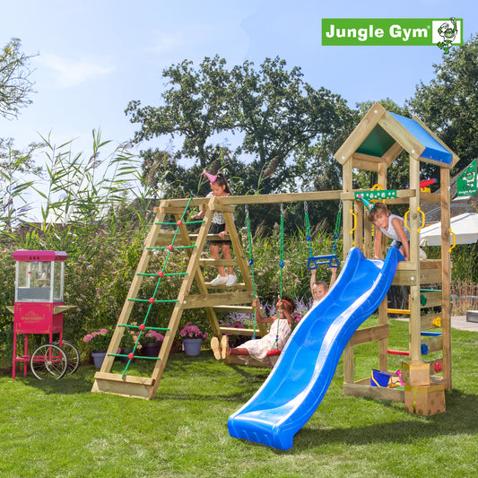 Leikkitornikokonaisuus Jungle Gym Patio 2-Climb Module 200 ja sininen liukumäki