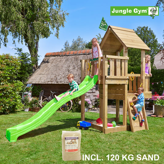 Leikkitornikokonaisuus Jungle Gym Cubby vihreä liukumäki ja 120 kg hiekkaa