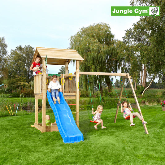 Leikkitornikokonaisuus Jungle Gym Casa 2.1 ja 2-Swing Module 220 ja sininen liukumäki