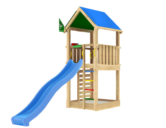 Leikkitorni Jungle Gym Lodge 2.1 ja sininen liukumäki