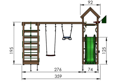 Leikkitornikokonaisuus Jungle Gym Patio 2-Climb Module 200 ja sininen liukumäki