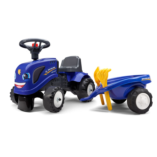 Ride-on traktori peräkärryllä, haravalla ja lapiolla baby New Holland FALK