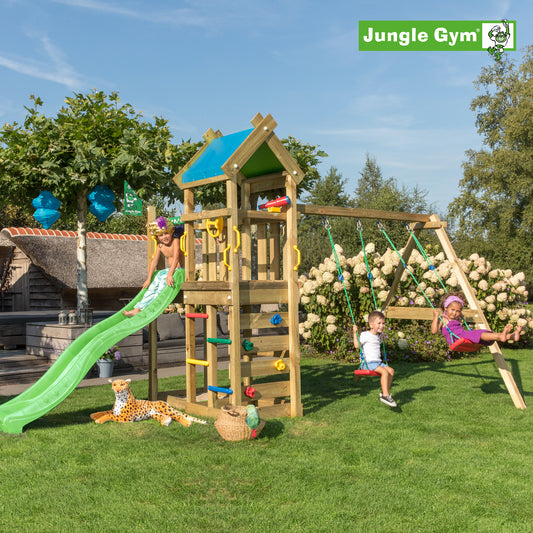 Leikkitornikokonaisuus Jungle Gym Nomad 2-Swing Module 200 ja tummanvihreä liukumäki