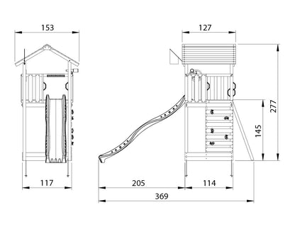 Leikkitorni Jungle Gym Cottage 2.1, vihreä liukumäki ja 120 kg hiekkaa