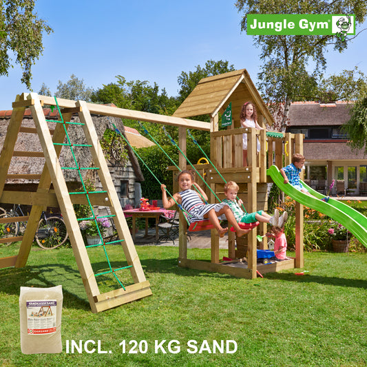 Leikkitornikokonaisuus Jungle Gym Cubby ja 2-Climb Module 220, vihreä liukumäki ja 120 kg hiekkaa