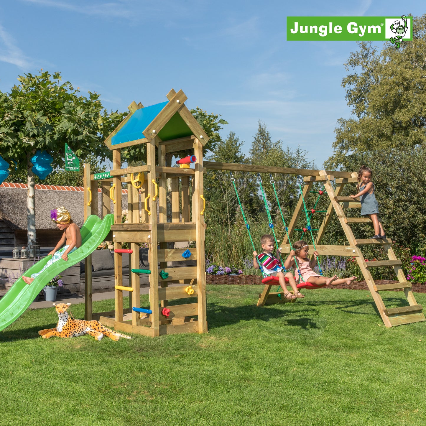 Leikkitornikokonaisuus Jungle Gym Nomad 2-Climb Module 200 ja tummanvihreä liukumäki