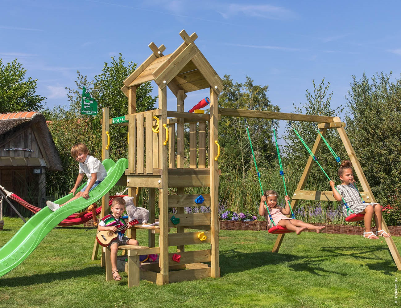 Leikkitorni Jungle Gym Teepee, 2-Swing Module 200 ja vihreä liukumäki