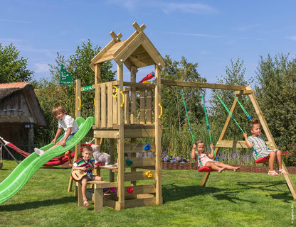 Leikkitorni Jungle Gym Teepee, 2-Swing Module 200 ja vihreä liukumäki