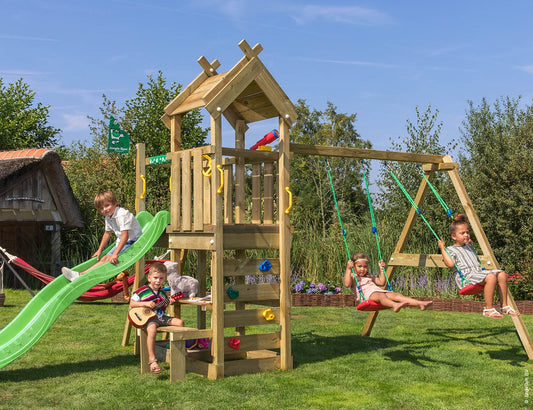 Leikkitorni Jungle Gym Teepee, 2-Swing Module 200 ja vihreä liukumäki