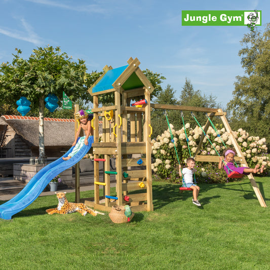 Leikkitornikokonaisuus Jungle Gym Nomad 2-Swing Module 200 ja sininen liukumäki