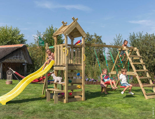 Leikkitorni Jungle Gym Teepee, 2-Climb Module 200 ja keltainen liukumäki