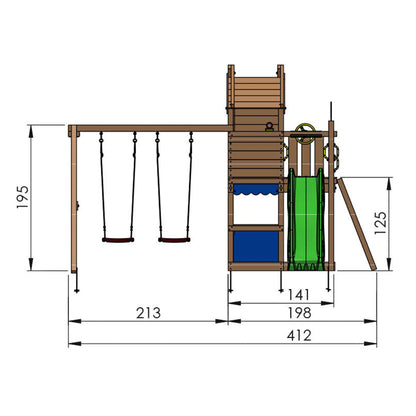Leikkitorni Jungle Gym Resort, 2-Swing Module 200 ja punainen liukumäki