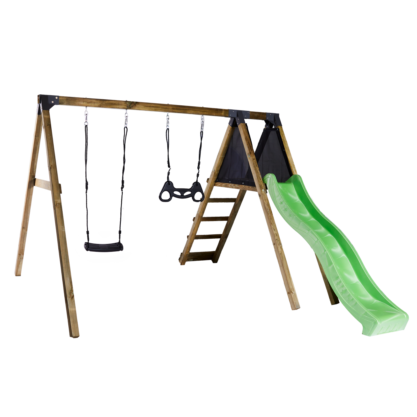 Keinuteline kiipeilymoduulilla, vihreä liukumäki, keinuistun ja trapetsikeinu NORDIC PLAY Active
