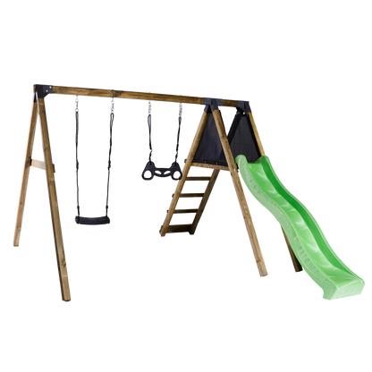 Keinuteline kiipeilymoduulilla, vihreä liukumäki, keinuistun ja trapetsikeinu NORDIC PLAY Active