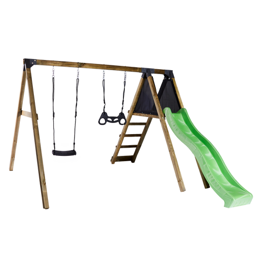 Keinuteline kiipeilymoduulilla, vihreä liukumäki, keinuistun ja trapetsikeinu NORDIC PLAY Active