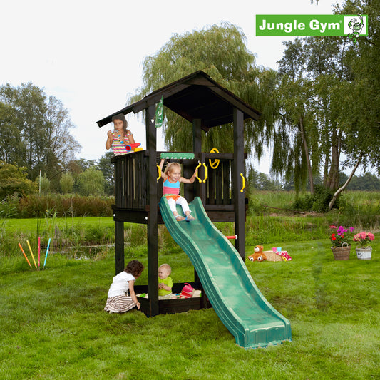Leikkitornikokonaisuus Jungle Gym Casa 2.1, mustaksi petsattu, ja tummanvihreä liukumäki