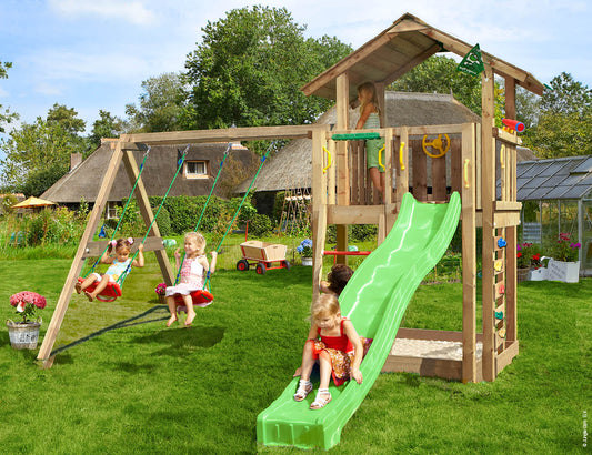 Leikkitorni Jungle Gym Chalet 2.1 ja 2-Swing Module 220, vihreä liukumäki ja 120 kg hiekkaa