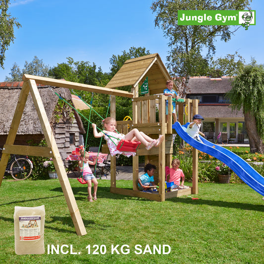 Leikkitornikokonaisuus Jungle Gym Cubby ja 2-Swing Module 220, sininen liukumäki ja 120 kg hiekkaa