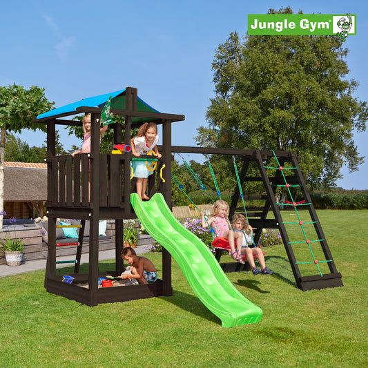 Leikkitornikokonaisuus Jungle Gym Hut 2.1, mustaksi petsattu,  ja 2-Climb Module 220 ilman liukumäkeä