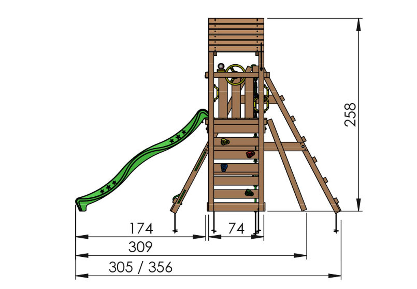 Leikkitornikokonaisuus Jungle Gym Cocoon 2-Climb Module 200 ja tummanvihreä liukumäki