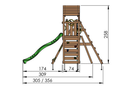 Leikkitornikokonaisuus Jungle Gym Cocoon 2-Climb Module 200 ja tummanvihreä liukumäki