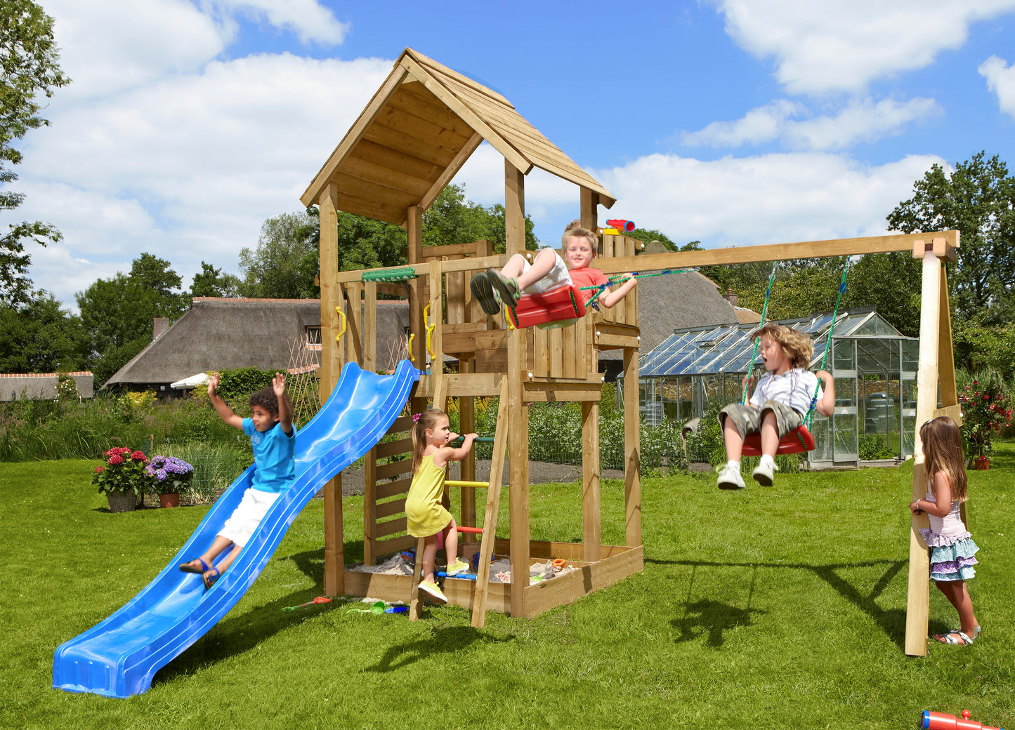 Leikkitorni Jungle Gym Palace 2.1, 2-Swing Module 220 ja sininen liukumäki