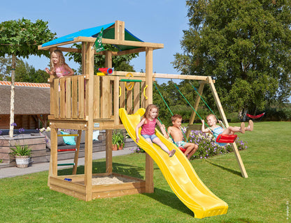 Leikkitornikokonaisuus Jungle Gym Hut 2.1 ja 2-Swing Module 220 ja keltainen liukumäki