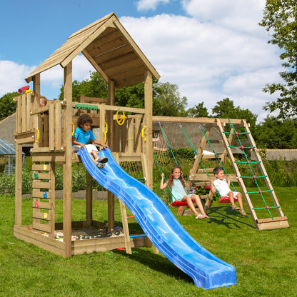 Leikkitorni Jungle Gym Palace 2.1, 2-Climb Module 220, sininen liukumäki ja 120 kg hiekkaa