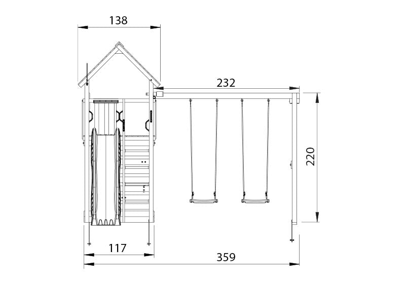 Leikkitorni Jungle Gym Cabin 2.1 ja 2-Swing Module 220, vihreä liukumäki ja 120 kg hiekkaa