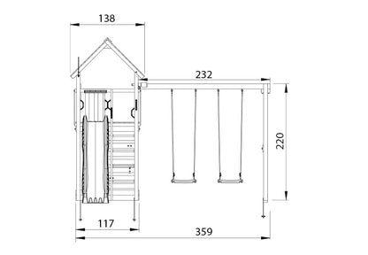Leikkitorni Jungle Gym Cabin 2.1 ja 2-Swing Module 220, vihreä liukumäki ja 120 kg hiekkaa