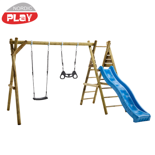 Keinuteline, mukana 1 musta keinuistuin, 1 musta trapetsikeinu, keinukiinnikkeet ja 1 sininen liukumäki NORDIC PLAY