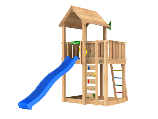 Leikkitorni Jungle Gym Mansion 2.1, sininen liukumäki ja 120 kg hiekkaa