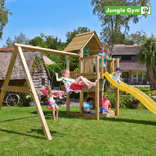 Leikkitornikokonaisuus Jungle Gym Cubby ja 2-Swing Module 220 ja keltainen liukumäki