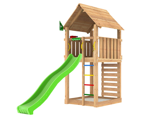 Leikkitorni Jungle Gym Cabin 2.1 ja vihreä liukumäki ja 120 kg hiekkaa