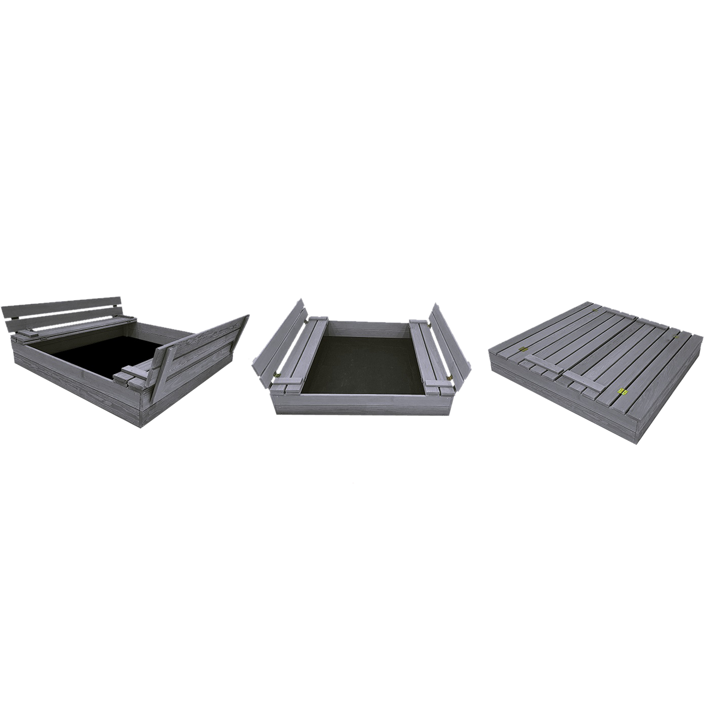 Hiekkalaatikko 120 x 120 cm, penkeiksi taittuva kansi, pohjamaalattu harmaa NORDIC PLAY