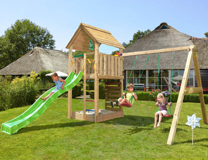 Leikkitorni Jungle Gym Cabin 2.1 ja 2-Swing Module 220 ja vihreä liukumäki