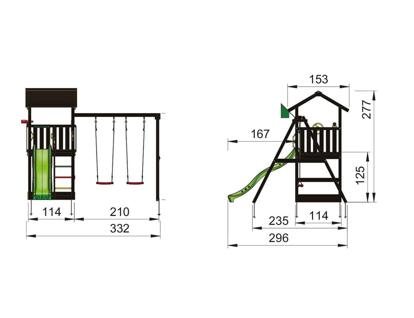 Leikkitornikokonaisuus Jungle Gym Casa 2.1, mustaksi petsattu, ja 2-Swing Module 220 ja tummanvihreä liukumäki