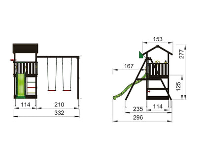 Leikkitornikokonaisuus Jungle Gym Casa 2.1, mustaksi petsattu, ja 2-Swing Module 220 ja tummanvihreä liukumäki