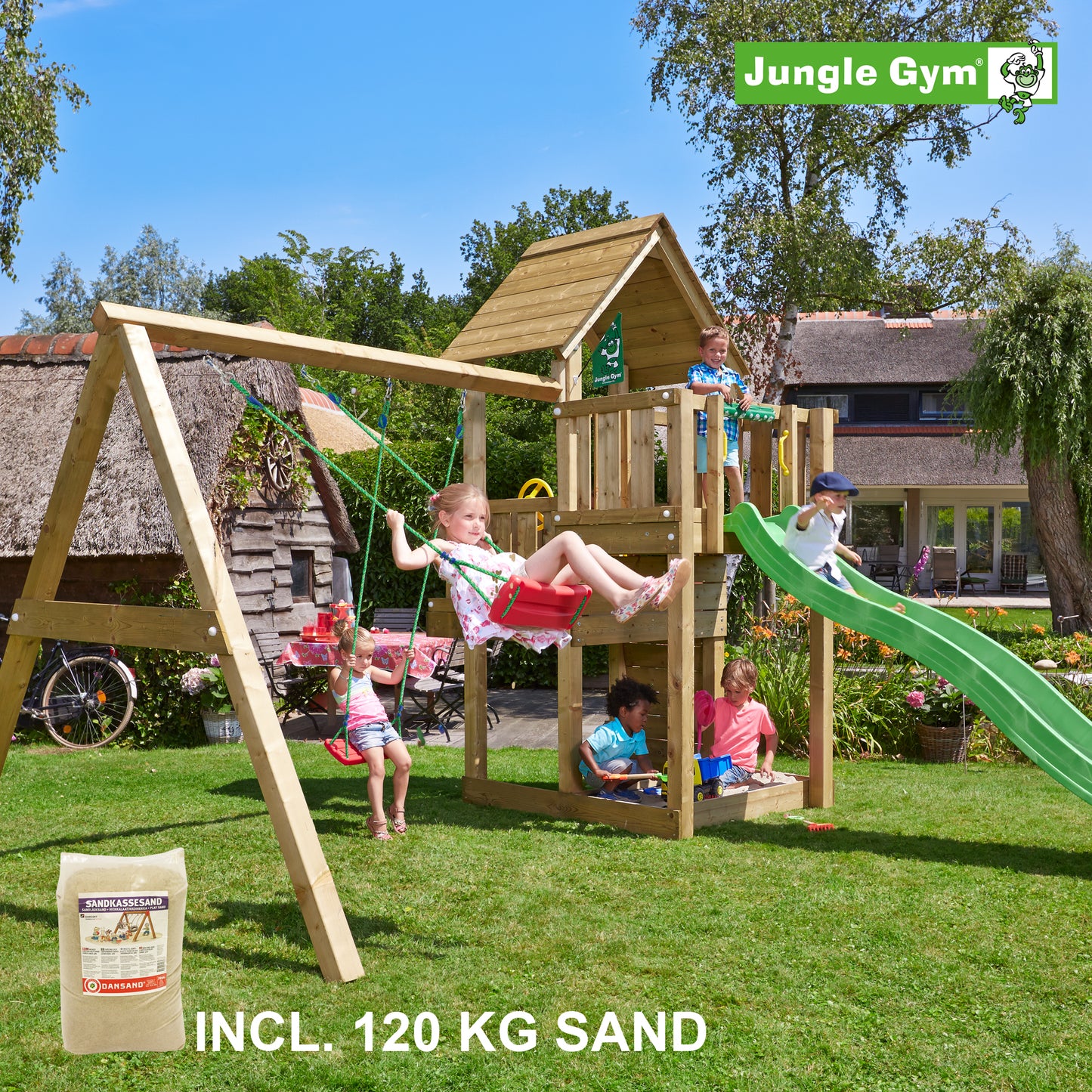 Leikkitornikokonaisuus Jungle Gym Cubby ja 2-Swing Module 220, vihreä liukumäki ja 120 kg hiekkaa