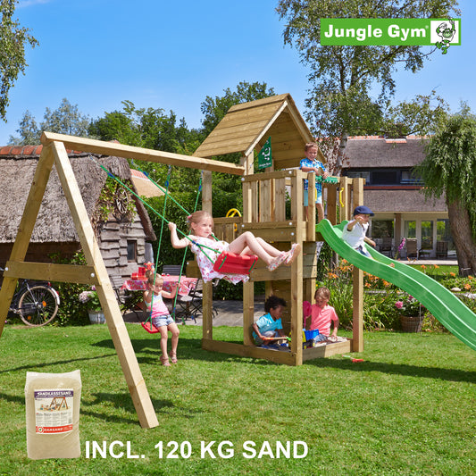Leikkitornikokonaisuus Jungle Gym Cubby ja 2-Swing Module 220, vihreä liukumäki ja 120 kg hiekkaa