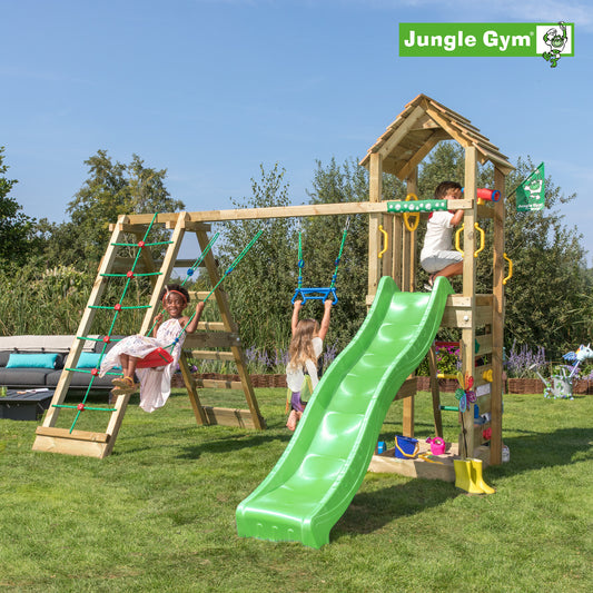 Leikkitornikokonaisuus Jungle Gym Cocoon 2-Climb Module 200 ja tummanvihreä liukumäki