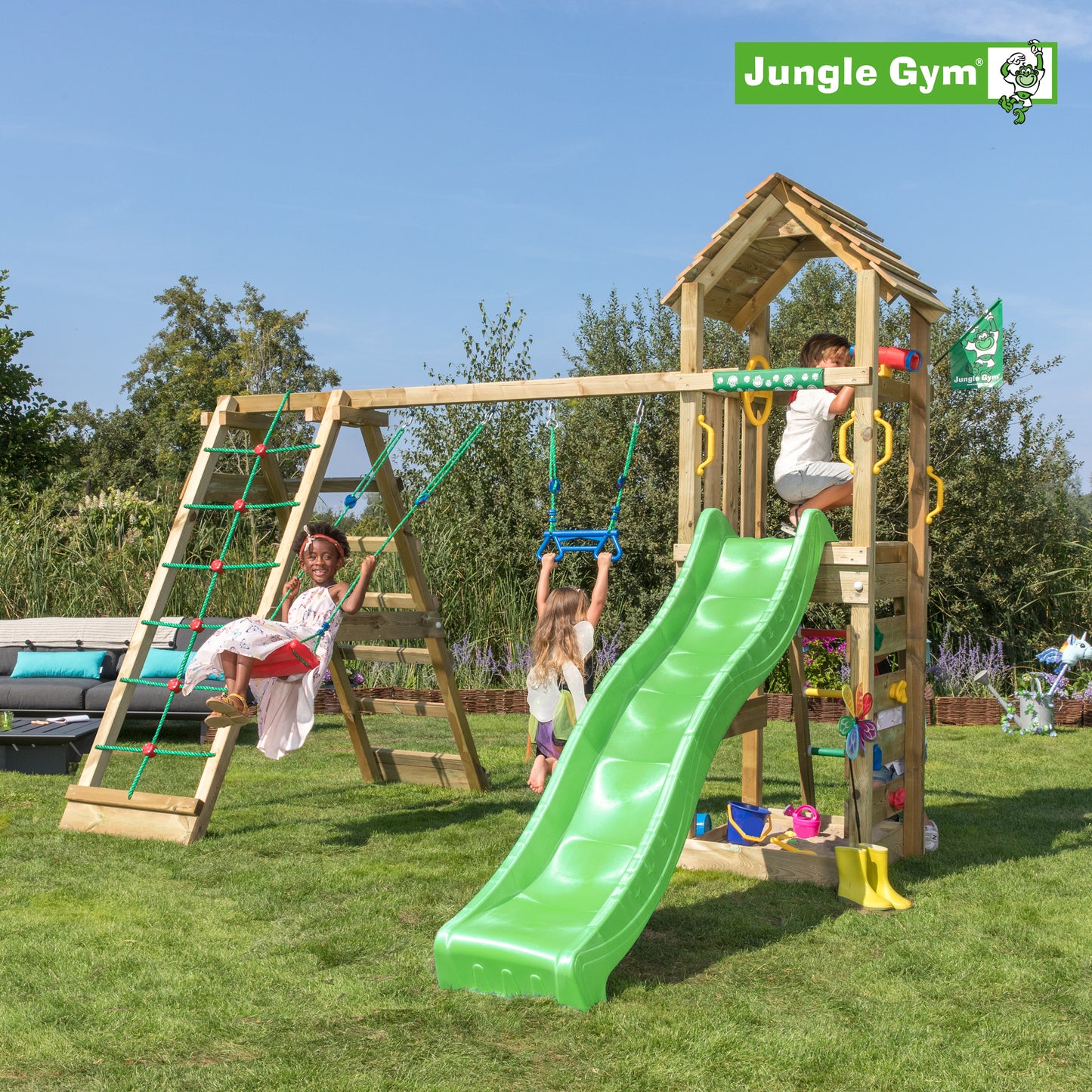 Leikkitornikokonaisuus Jungle Gym Cocoon 2-Climb Module 200 ja tummanvihreä liukumäki