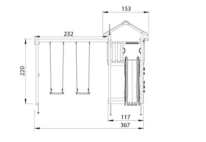 Leikkitorni Jungle Gym Cottage 2.1, 2-Swing Module 220 ja vihreä liukumäki