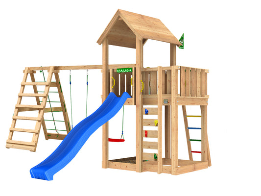 Leikkitorni Jungle Gym Mansion 2.1 ja 2-Climb Module 220 ja sininen liukumäki