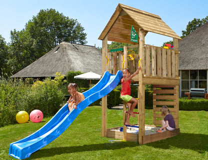 Leikkitorni Jungle Gym Cabin 2.1 ja sininen liukumäki ja 120 kg hiekkaa