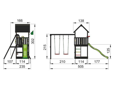 Leikkitornikokonaisuus Jungle Gym Club 2.1, mustaksi petsattu, ja 2-Swing Module 220, ja vihreä liukumäki