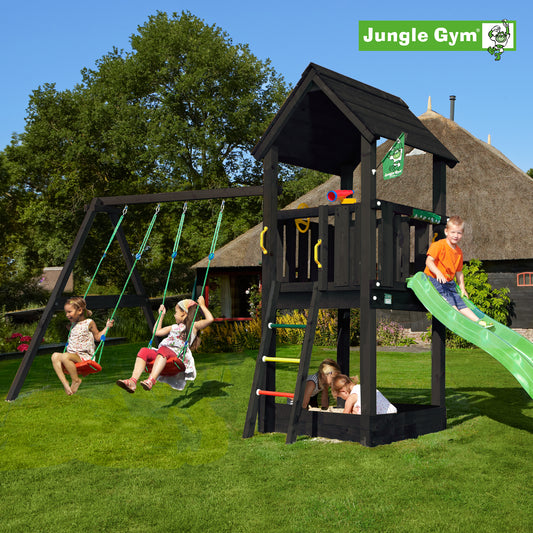 Leikkitornikokonaisuus Jungle Gym Club 2.1, mustaksi petsattu, ja 2-Swing Module 220, ja vihreä liukumäki