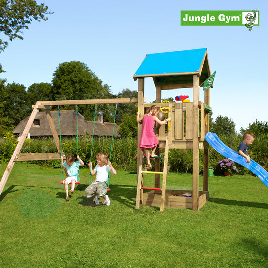 Leikkitornikokonaisuus Jungle Gym Castle 2.1 ja 2-Swing Module 220 ja sininen liukumäki